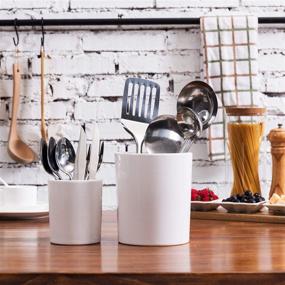 img 2 attached to 🍴 MyGift White Ceramic Kitchen Crock Set: Stylish Countertop Utensil Holder Canisters - Large and Small, 2-Piece Gift Set