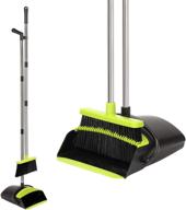 🧹 home broom and dustpan set - large dust pan and broom combo with upright stand, long handle broom, and teeth dustpan - ideal for office, kitchen, lobby floor cleaning - black and green logo