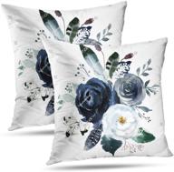 🌸 floral throw pillow covers - galmaxs7 farmhouse decorative velvet pillow covers in navy watercolor flowers print - boho roses blue white square cushion covers for sofa bed décor - 18x18 inch set of 2 логотип