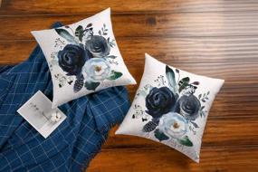 img 2 attached to 🌸 Floral Throw Pillow Covers - GALMAXS7 Farmhouse Decorative Velvet Pillow Covers in Navy Watercolor Flowers Print - Boho Roses Blue White Square Cushion Covers for Sofa Bed Décor - 18X18 inch Set of 2