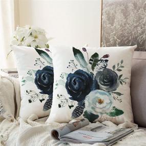 img 3 attached to 🌸 Floral Throw Pillow Covers - GALMAXS7 Farmhouse Decorative Velvet Pillow Covers in Navy Watercolor Flowers Print - Boho Roses Blue White Square Cushion Covers for Sofa Bed Décor - 18X18 inch Set of 2