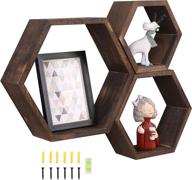 wonfulity hexagon floating shelves - stylish wood farmhouse storage for 📚 bedroom, living room, office, bathroom - 3pc set in driftwood finish, walnut logo