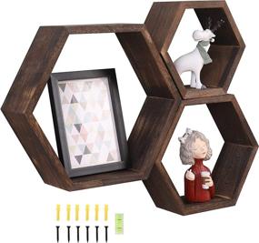 img 4 attached to WONFUlity Hexagon Floating Shelves - Stylish Wood Farmhouse Storage for 📚 Bedroom, Living Room, Office, Bathroom - 3pc Set in Driftwood Finish, Walnut