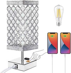 img 4 attached to 💡 3-Way Dimmable Touch Control Bedside Lamps with USB Ports and AC Outlet, Crystal Table Lamp for Bedroom, Small Silver Desk Lamp for Living Room with Bulb Included