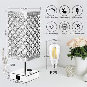 img 3 attached to 💡 3-Way Dimmable Touch Control Bedside Lamps with USB Ports and AC Outlet, Crystal Table Lamp for Bedroom, Small Silver Desk Lamp for Living Room with Bulb Included