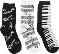 🎵 playful harmony: girl's 3pr black white music notes, piano keys, instruments crew socks logo