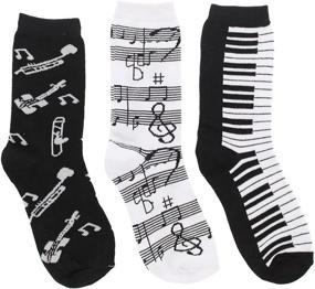 img 4 attached to 🎵 Playful Harmony: Girl's 3Pr Black White Music Notes, Piano Keys, Instruments Crew Socks