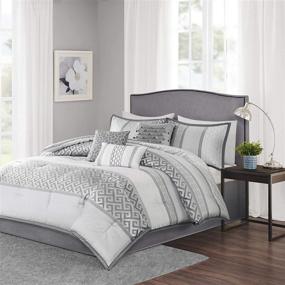 img 2 attached to 🛏️ Madison Park Luxury Comforter Set - Traditional Jacquard Design - All Season Down Alternative Bedding - Matching Bedskirt - Decorative Pillows - King Size (104"x92") - Bennett - Geometric Grey - 7 Piece Set