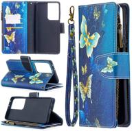 samsung galaxy s21 5g case: premium pu leather 📱 wallet case with kickstand, card slots, wrist strap - dark blue logo