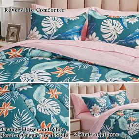 img 1 attached to 🌸 Queen Size FlySheep Botanical Bed in a Bag, White Leaves and Orange Flowers on Blue-Green Floral Design - 7 Piece Bed Comforter Set (Includes Comforter, Flat Sheet, Fitted Sheet, 2 Pillow Shams, 2 Pillowcases)