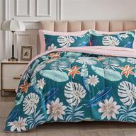 🌸 queen size flysheep botanical bed in a bag, white leaves and orange flowers on blue-green floral design - 7 piece bed comforter set (includes comforter, flat sheet, fitted sheet, 2 pillow shams, 2 pillowcases) logo