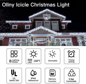 img 3 attached to 🎄 Ollny Outdoor Christmas Lights Decorations 396 LED 32FT 8 Modes Icicle Lights, Connectable Hanging Curtain Fairy String Lights with Remote Plug in for Wedding Party Holiday Tree Decor, Cool White