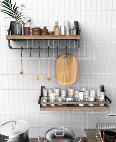 img 1 attached to 📚 Floating Shelves for Bedroom Wall Mounted Set of 2 with Towel Rack, 6 Removable Hooks - Organize Cooking Utensils, Kitchen Bar, Bedroom, Living Room (Pine)