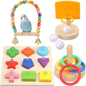 img 4 attached to 🐦 Frienda 4 Piece Bird Training Toy Set - Wooden Bird Block Puzzle, Parrot Training Basketball, Colorful Stacking Rings, Birds Swing Perch