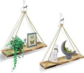 img 4 attached to 🪴 Wood Boho Wall Hanging Shelves - Set of 2 Floating Wall-Mounted Plant Shelves - Farmhouse Rustic Decor for Bedroom and Entryway