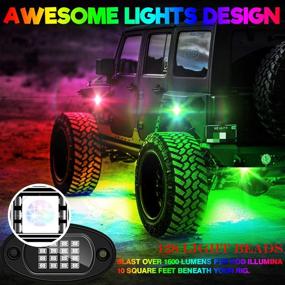 img 2 attached to 🌈 Комплект светового накала SUZCO 8Pods RGB LED для камней - управление через приложение/радио/инфракрасное, [функция двухзонности]+[128 светодиодов]+[2-в-1 линия]+[подсветка кузова и колес]+многоцветные неоновые подсветки подвески 12В - идеально подходит для джипов, грузовиков, внедорожников и всех-терреновых транспортных средств.