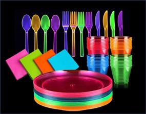 img 3 attached to 🎉 Glow Neon Party Supplies - Complete Set for 32 Guests, Hard Plastic & Disposable Neon Plates, Cups, Cutlery, and Napkins - Glow In The Dark Neon Birthday Party Accessories