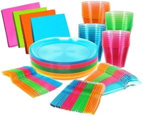 img 4 attached to 🎉 Glow Neon Party Supplies - Complete Set for 32 Guests, Hard Plastic & Disposable Neon Plates, Cups, Cutlery, and Napkins - Glow In The Dark Neon Birthday Party Accessories