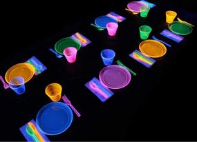 img 2 attached to 🎉 Glow Neon Party Supplies - Complete Set for 32 Guests, Hard Plastic & Disposable Neon Plates, Cups, Cutlery, and Napkins - Glow In The Dark Neon Birthday Party Accessories