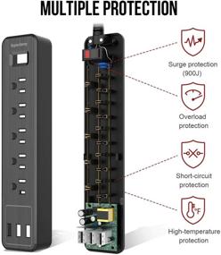 img 2 attached to 💡 Усовершенствованный МНОГОФУНКЦИОНАЛЬНЫЙ СИГНАЛ SUPERDANNY Сетевой разветвитель с USB Защита от перенапряжения 5 розеток 3 порта USB с кабелем продления длиной 4.5 фута - Идеально подходит для iPhone, iPad, PC, дома, спальни, офиса | Черный, 2 штуки