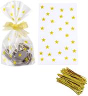 🌟 pack of 50 gold star clear cello candy favor bags with gold twist ties - cellophane cookie treat plastic bags logo