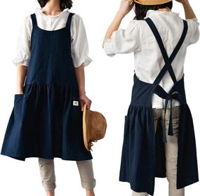 img 4 attached to Vintage Women's Cross Back Cotton/Linen Blend Apron Dress with Two Pockets for Gardening and Everyday Use