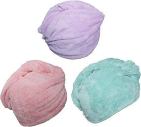 img 3 attached to Super Absorbent Microfiber Hair Towel Wrap Turban 3 Pack with Button - 🎀 Quick Dry Hair Hat and Wrapped Bath Cap in Green, Pink, Purple - 26inch/10inch