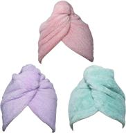 super absorbent microfiber hair towel wrap turban 3 pack with button - 🎀 quick dry hair hat and wrapped bath cap in green, pink, purple - 26inch/10inch logo