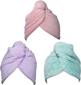 img 4 attached to Super Absorbent Microfiber Hair Towel Wrap Turban 3 Pack with Button - 🎀 Quick Dry Hair Hat and Wrapped Bath Cap in Green, Pink, Purple - 26inch/10inch