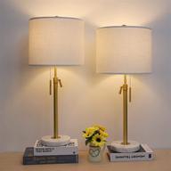 ⚖️ set of 2 modern table lamps, adjustable height (22" and 30") pull chain switch, marble base, white linen shade, golden pole, nightstand lamp for living room, bedroom, office, bedside table логотип