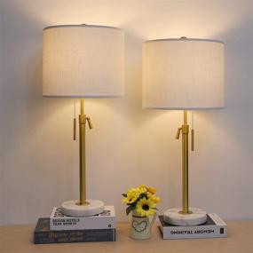 img 2 attached to ⚖️ Set of 2 Modern Table Lamps, Adjustable Height (22" and 30") Pull Chain Switch, Marble Base, White Linen Shade, Golden Pole, Nightstand Lamp for Living Room, Bedroom, Office, Bedside Table