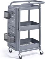 🛒 kingrack 3-tier storage rolling cart with diy pegboard - metal push cart with utility handle and extra baskets hooks for kitchen office home organization, grey logo
