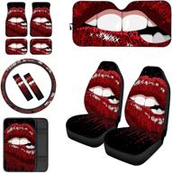 🚗 enhance your car's style with uniceu bling red lips car seat covers set 11pcs - including steering wheel cover, seat belt pads, armrest cover, floor mats, windshield sunshade, universal fit logo