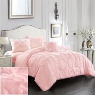 🛏️ elegant and cozy evolive pinch pleat pink comforter set with pompom – 4pc full/queen size logo