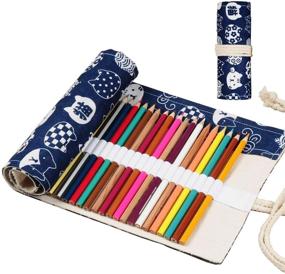 img 4 attached to Handmade Roll Up Pencil Case for Artists - Enyuwlcm Canvas Stationery Pencil Wrap Holder with 36 Slots, Cat Pattern in Blue