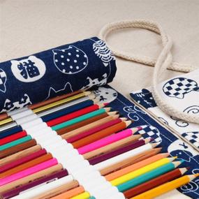 img 2 attached to Handmade Roll Up Pencil Case for Artists - Enyuwlcm Canvas Stationery Pencil Wrap Holder with 36 Slots, Cat Pattern in Blue