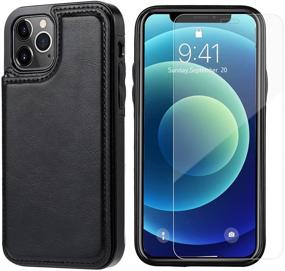 img 2 attached to 📱 JOYAKI Slim Wallet Case for iPhone 12 Pro/12 - Black, with Card Holder and Screen Protective Glass