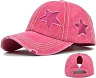 🧢 trendy promindfun women's ponytail high messy bun hats: distressed baseball caps for girls - unconstructed, washed dad hat trucker ponycaps logo