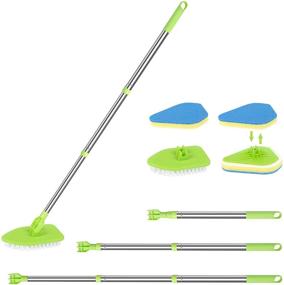 img 4 attached to Globalstore Cleaning Brush Set - Long Handle 37'', Scrub Brush for Pool, Kitchen, Shower, Bathroom, Tub, Tile, Grout, and Corner Cleaning - Includes 1 Stiff Bristle & 3 Sponge Brush Heads