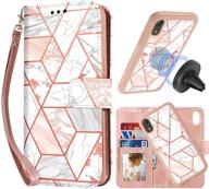 caseowl iphone xr wallet case: 2-in-1 magnetic detachable, marble pattern pu leather, card holder, wrist strap - pink logo