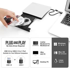 img 2 attached to 📀 ROOFULL Внешний привод CD/DVD с интерфейсом USB 3.0 Type-C: Портативный проигрыватель DVD и CD-ROM со встроенным приводом +/-RW в чехле для ноутбуков Mac и Windows - белый.