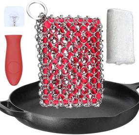 img 4 attached to 🍳 4 Piece Stainless Steel Cast Iron Cleaner Set | Skillet Pan Scrubber with Chainmail Scrubber and Silicone Insert | Effective Cast Iron Skillet Cleaner