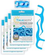 🦷 trueocity зубная нить со щеткой в комплекте по 4 штуки с чехлом для путешествия (всего 200 штук), со вкусом мяты, удобная рукоятка, легко скользит между зубами, помогает предотвратить кариес и заболевания десен. логотип