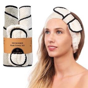 img 3 attached to 👑 LUXERIS Microfiber Hair Towel for Women - Ultra Absorbent Drying Twist Wrap for Curly, Long, Thin, or Short Hair – Anti Frizz Turban for Sleeping and Showering 2 Pack Plus Soft Headband (Ivory/Grey)