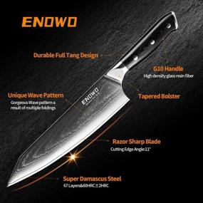 img 3 attached to 🔪 Нож шеф-повара Enowo Damascus 8 дюймов - премиальная рукоятка G10, тройная заклепка - бритвенно острый кухонный нож - японская нержавеющая сталь VG-10 - подарочная коробка - эргономичный дизайн - превосходное удержание режущей кромки - устойчив к пятнам и коррозии