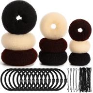 9-piece donut hair bun maker set with foam sponge doughnut bun ring style, including 12 hair elastic bands ties and 32 hair bobby pins for women, girls, and kids - in black, brown, and beige logo