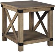 light brown farmhouse square end table with crossbuck details by signature design ashley aldwin logo