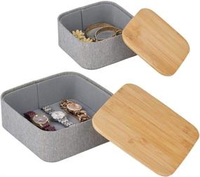 img 4 attached to 📦 mDesign Stackable Bamboo Lid Storage Boxes - Set of 2 - Gray/Natural for Closet, Bathroom, Entryway - Holds Jewelry, Watches, Hair Clips, Bath Bombs