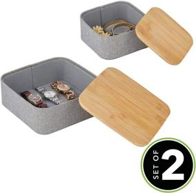 img 3 attached to 📦 mDesign Stackable Bamboo Lid Storage Boxes - Set of 2 - Gray/Natural for Closet, Bathroom, Entryway - Holds Jewelry, Watches, Hair Clips, Bath Bombs