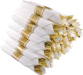 img 4 attached to 🍽️ 30 Pack Pre Rolled Gold Plastic Cutlery - Disposable Utensils Set with 30 Forks, 30 Knives, 30 Spoons, and 30 Napkins for Parties and Weddings